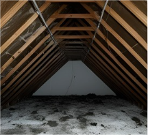Attic space with visible mold contamination on wooden beams and surfaces before professional remediation